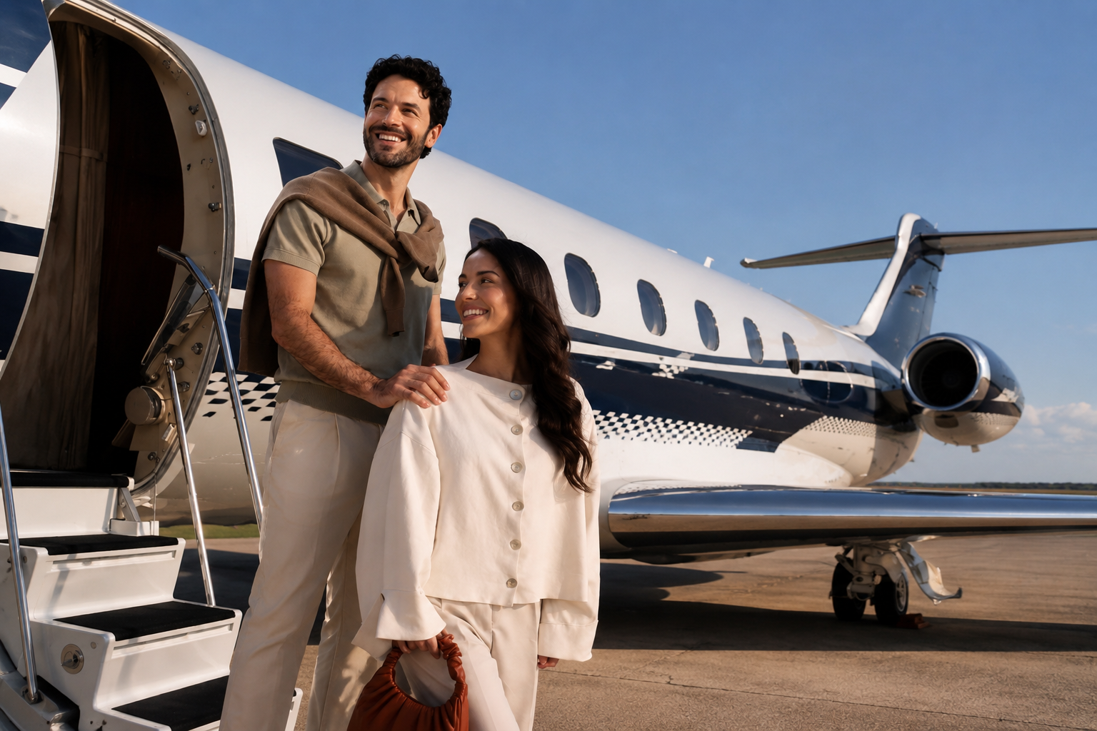 Couple boarding an Oficial Fly executive flight